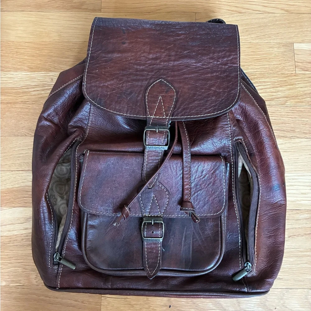 Vintage Leather Medical Bag Backpack Adjustable Straps Interior Lined Dark Brown